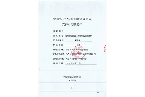 湖南省企業(yè)科技創(chuàng)新創(chuàng)業(yè)團隊支持計劃任務書